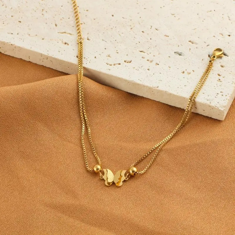Hypoallergenic Stainless Steel - Women's Fashion Ankle Chain - Single Pack with Double Layer Butterfly Decoration - Classic Stylish Design in Golden and Silvery - Suitable for Daily Shopping or Parties