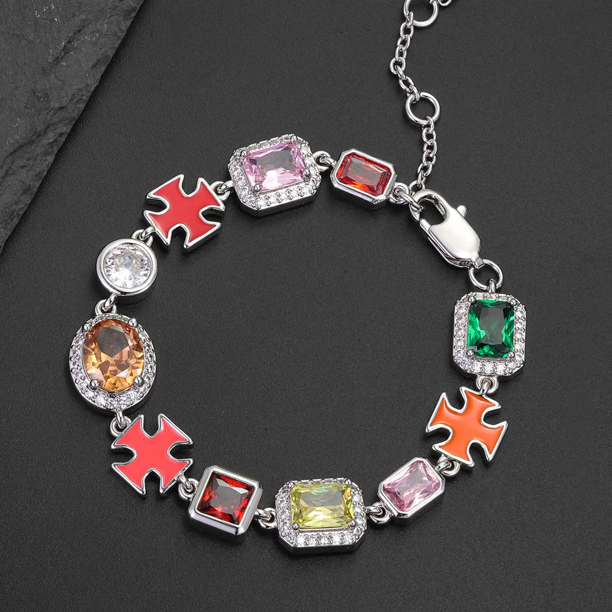 ICED CHICS Cross-Drip Oil Colored Cubic Zirconia Copper Chain Bracelet, Geometric Cube Design Hip-hop Style Bracelet, Birthday Gift for Party and Special Occasions, Adds Elegance and Sophistication, Unisex Design, Bracelet Jewelry, Fashion Bracelet