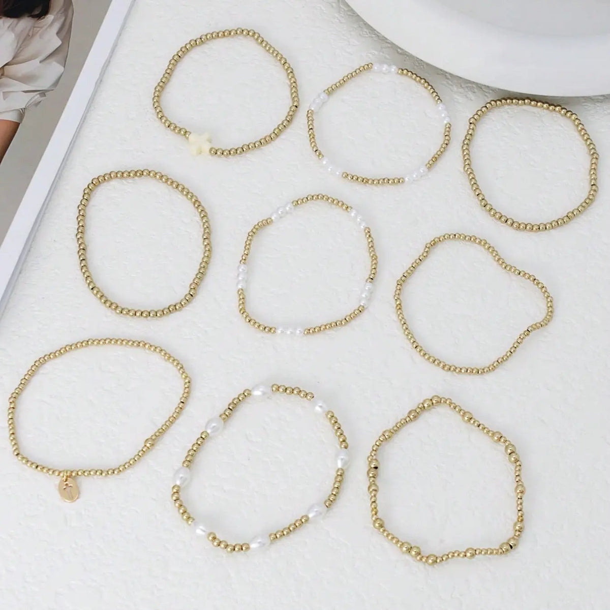 9-Piece Fashion Cross Pendant Artificial Pearl CCB Beaded Bracelets, Elastic Bracelet Set, Stacked Design Bracelets, Women's Layered Stacking Bracelets for Daily Wear