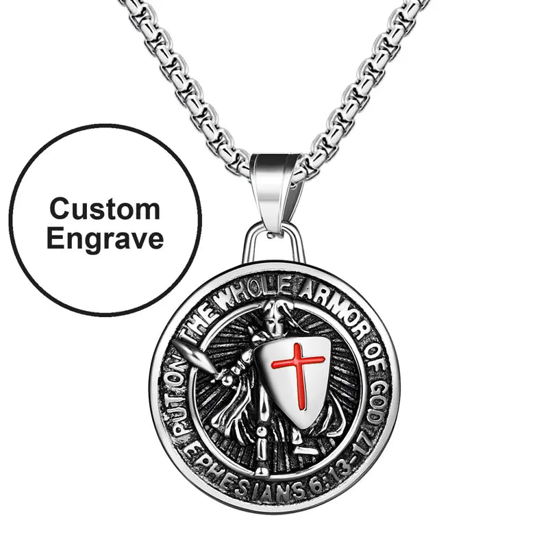 OIDEA Men's Saint Michael Archangel Religious Symbol Necklace - Gold-Plated Stainless Steel Shield & Sword Pendant, Catholic Protective Amulet, Gothic Punk Jewelry with Lucifer Pagan Elements, Male Courage Gift, Men's Accessories summerwins,summerwins