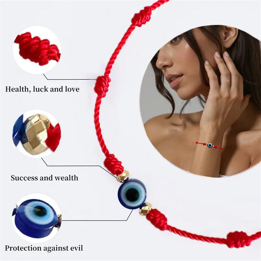 12pcs Evil Eye 7 Knot Lucky Bracelets, Rakhi for Brother and Bhabhi Adjustable Red String Amulet for Women Men with Gold Bead, Protection Jewelry Hand Bracelet