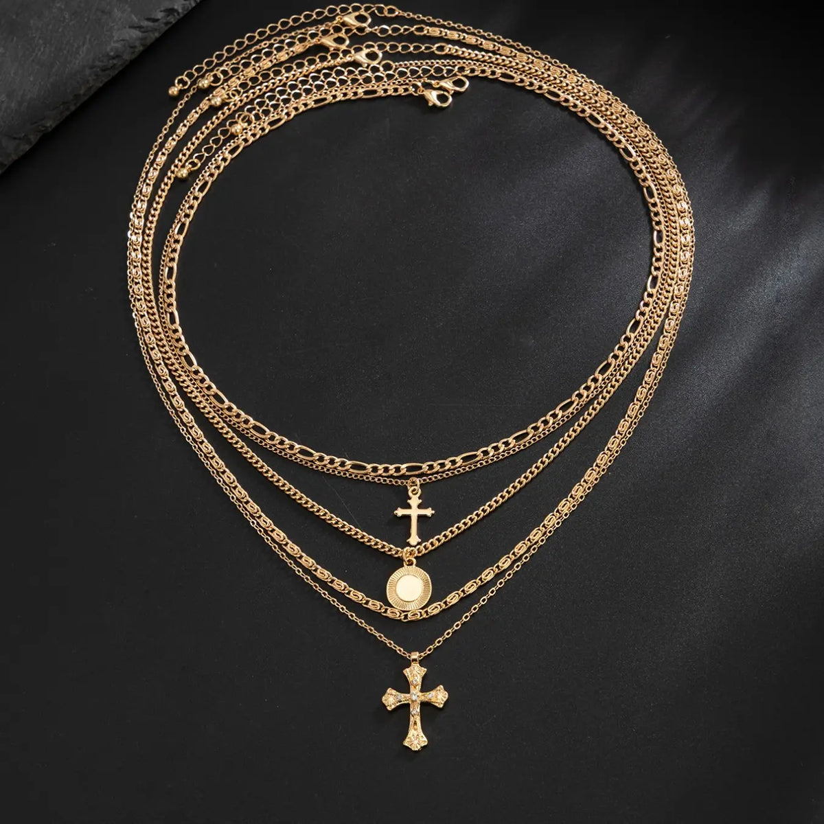 5-Piece Set Multi-Layer Cross Necklace, Chain, Men's Hip-Hop Style Layered Necklaces, Unisex Versatile Collarbone Chains, Cross Charm Necklace, Alloy Necklace, Cross Chain Design, Casual Trendy Jewelry