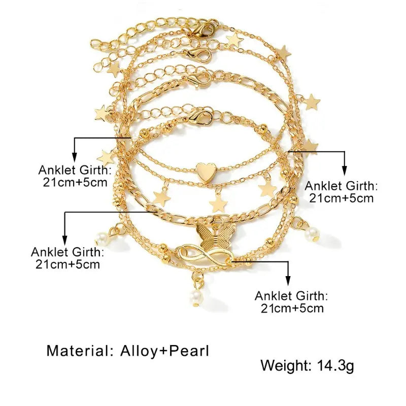 Women's Elegant 5pcs/Set Bohemian Multilayer Anklets - Infinity, Star, Heart, Butterfly, Pearl Beads, Diamond Charms, Geometric Design, Metal Coating - Single Set Female Daily Casual Fashion Jewelry for Summer Beach