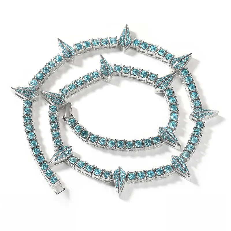 Men's Iced Out Spike Tennis Chain Necklace, Cubic Zirconia Statement Jewelry, Hip Hop Streetwear Punk Style, 18/20/22/24 Inch, Black Silver Gold Pink Blue Black Purple