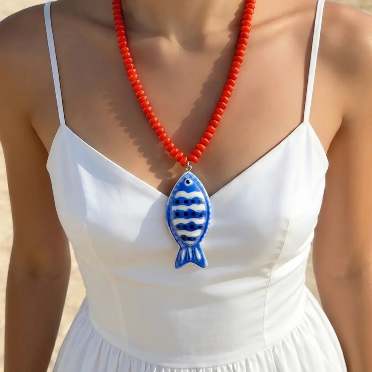 ZA Women's Handpainted Fish Pendant Beaded Necklace, Boho Necklaces, Multicolor Bohemian Ocean Style, Summer Beach.