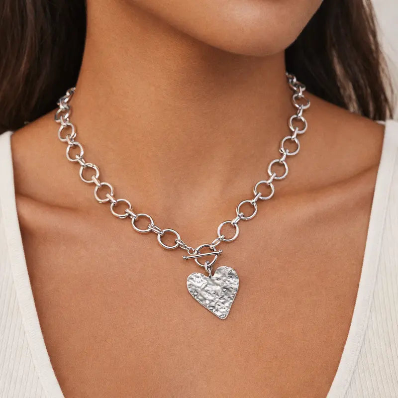 Tewiky Gold Paperclip O-Link Chain Hammered Heart Pendant OT Clasp Necklace for Women For Valentine's Day Gift Chic Gorgeous Jewelry Back To School