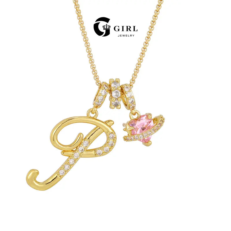 GGIRL Dopamine Alphabet Initial Necklace - 26 English Letter Pendants, Pink Holiday Heart Design, Colorful Initial Necklaces, Fashionable Accessory, Cute Girly Trendy Teen Gifts