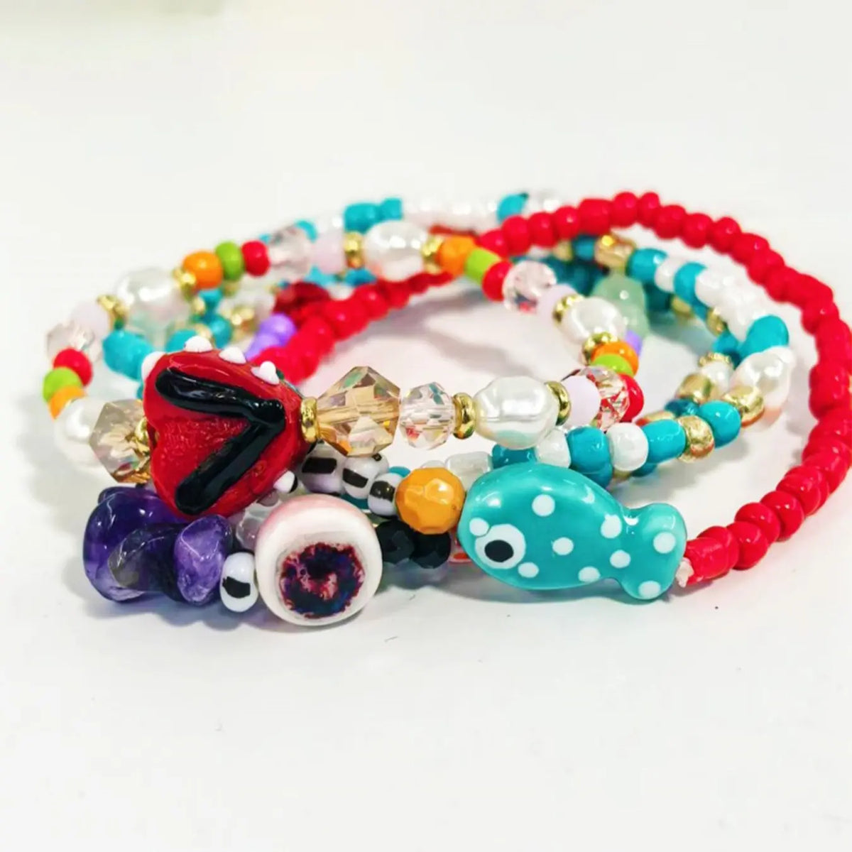 5 Pcs Women's Bohemian Ceramic Fish Heart Bead Bracelets, Summer Jewelry, beaded bracelet, Casual Plain Design, Random Colors, Perfect for Daily Wear & Vacation