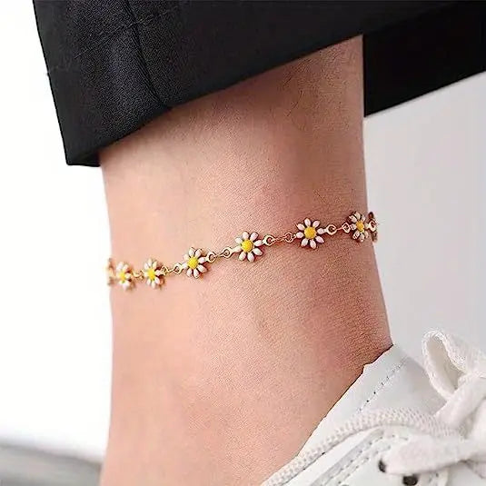 Teen Girls' 1-Piece Chrysanthemum Daisy Chain Gold Metal Coating Anklet - Fashion Chic Accessories for Girls, Flower Design, Polished Shine, Summer Daily Costume Jewelry Gift