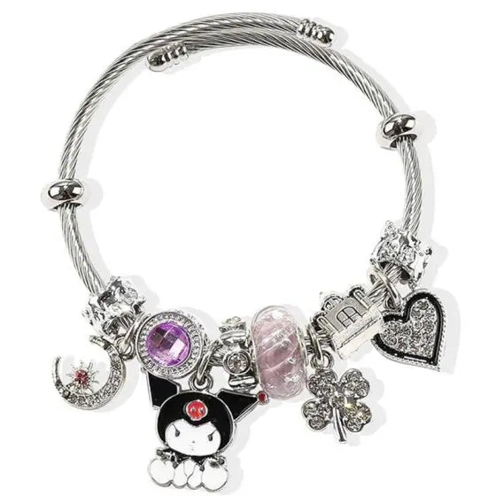Sanrio Hello Kitty Charm Bracelet with Heart Key & Pink Bead Accents Adjustable Fit Sparkling Design for Sanrio Fans