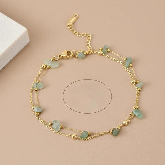 1 stylish green natural stone double-layer stainless steel women's anklet Dual Layered Dainty Layered Anklet Fashionable Jewelry Accessories Fashionable Accessory
