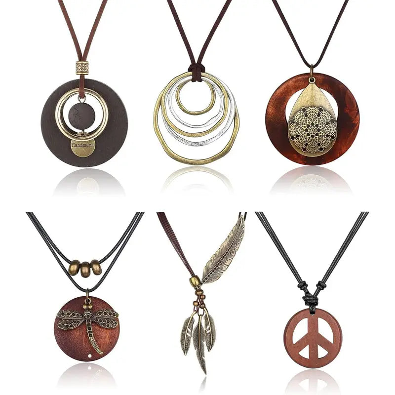 FUNRUN 6Pcs Boho Layered Necklace Set • Vintage Wooden Long Pendant Necklace • Y2K Hippie Statement Jewelry for Women