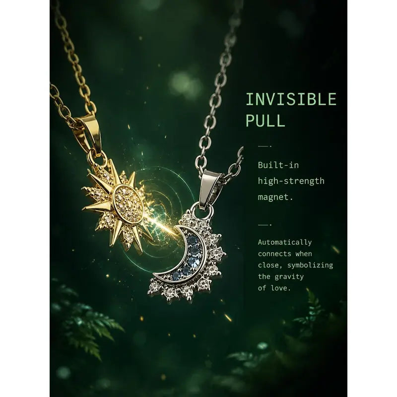 Magnetic Sun-Moon Couple Necklaces - Gold-Silver Zircon Alloy Stackable Pendants, Hypoallergenic Adjustable Chains, Unisex Decorative Bling Casual Trendy Jewelry, Gifts for Boyfriend, Necklaces for Women