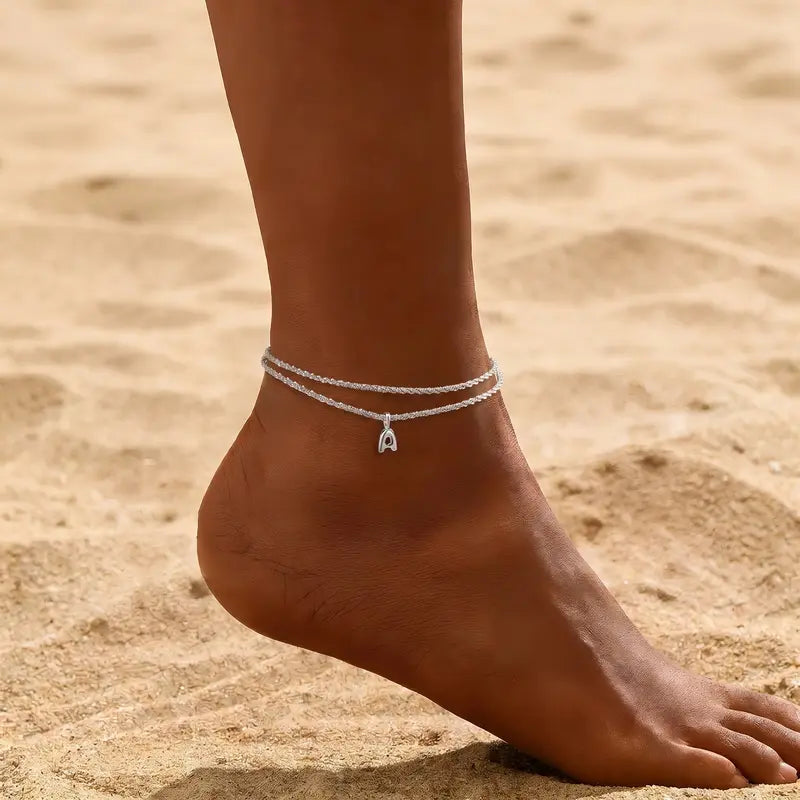 Turandoss Women's Silvery Bubble Initial Ankle Bracelet - Adjustable Double-Layer Cubic Zirconia Chain with Metal Coating, Sparkling CZ Cankle-Friendly Dainty Casual Anklet, Beach Gift Jewelry Accessory