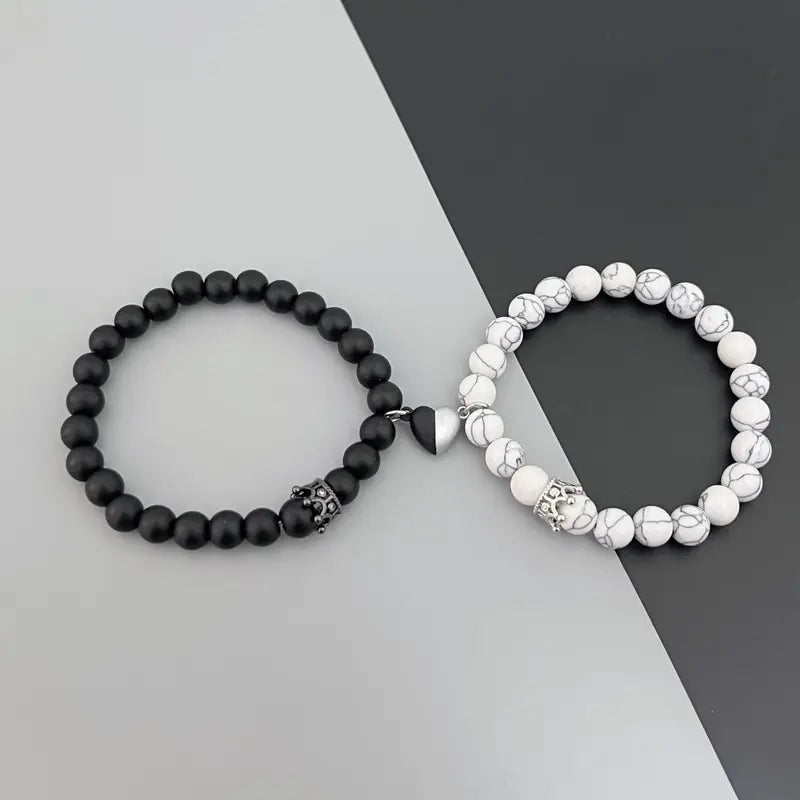 TMANI Couple-Themed Bracelets & Bangles Set, King-Queen Crown His-and-Her Heart Matching Bracelet Set, Long-Distance Relationship Anniversary Gifts for Boyfriends & Girlfriends, Fashion Costume Jewelry