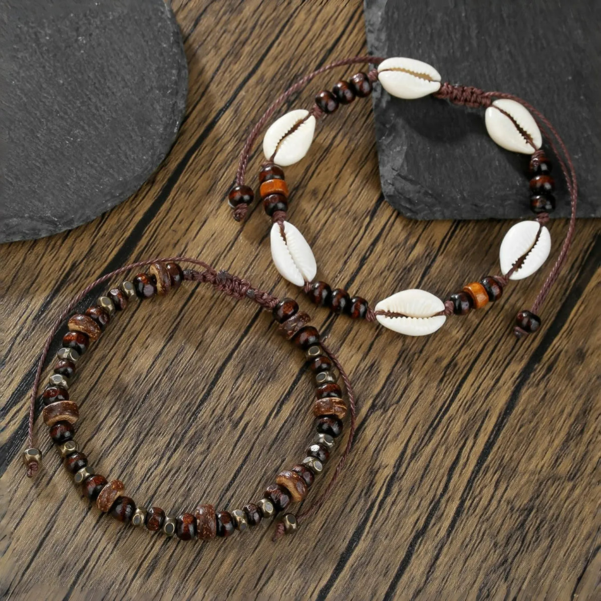 Boho Ethnic Shell Wood Bead Coconut Shell Anklet, Adjustable Woven Beach Vacation Bracelet, Men's Fashion Foot Jewelry, Fashionable Accessory