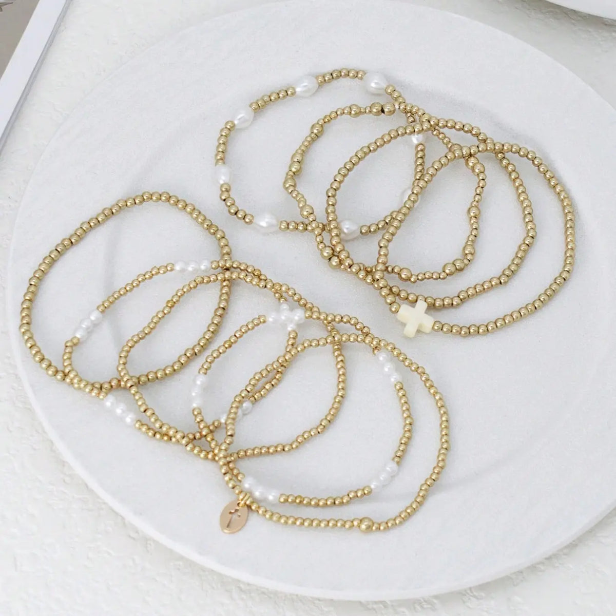 9-Piece Fashion Cross Pendant Artificial Pearl CCB Beaded Bracelets, Elastic Bracelet Set, Stacked Design Bracelets, Women's Layered Stacking Bracelets for Daily Wear
