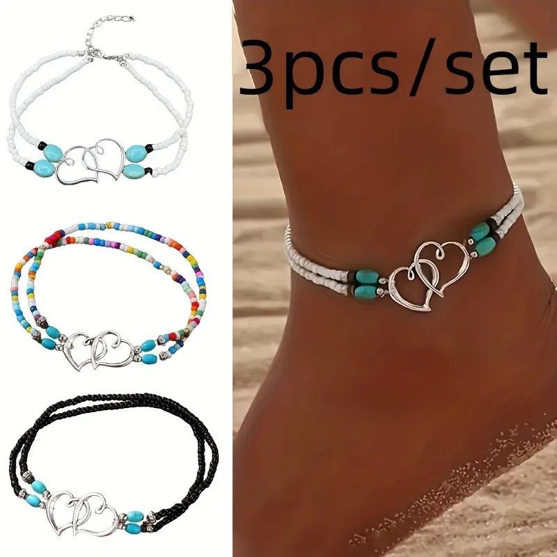 3Pcs Set Fashion Women Bohemia Beaded Heart Charms Multi-layer Anklet, Exquisite Boho Chic Double-Layer Beaded Heart Anklet, Perfect for Summer Vacation, Beach Wedding, Party Jewelry Gift