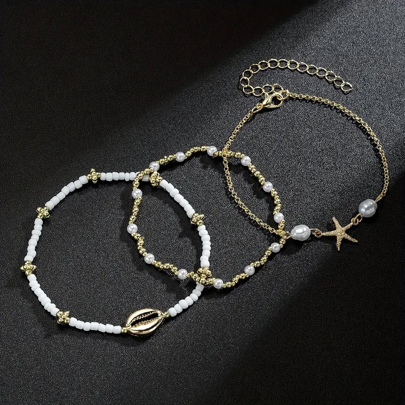 3pcs Beach Style Anklet Set] Beaded Anklet Set for Women, 3pcs Summer Beach Style, Starfish and Shell Charms, Vacation & Daily Wear, Universal Anklets Set