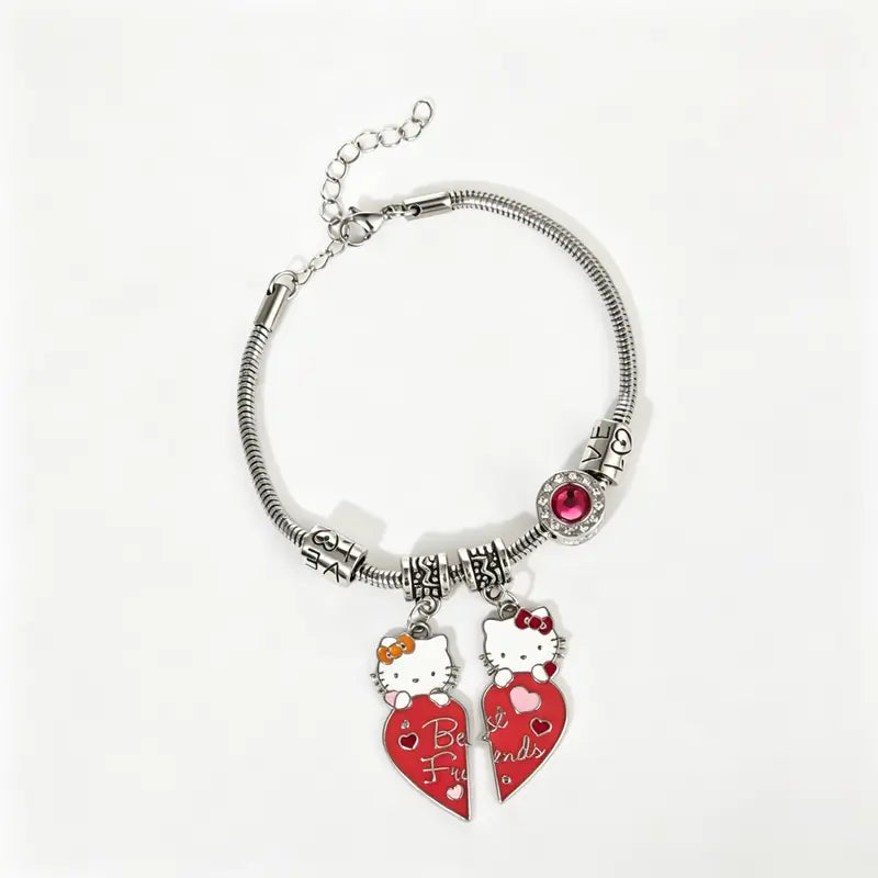 Sanrio Hello Kitty Charm Bracelet with Heart Key & Pink Bead Accents Adjustable Fit Sparkling Design for Sanrio Fans