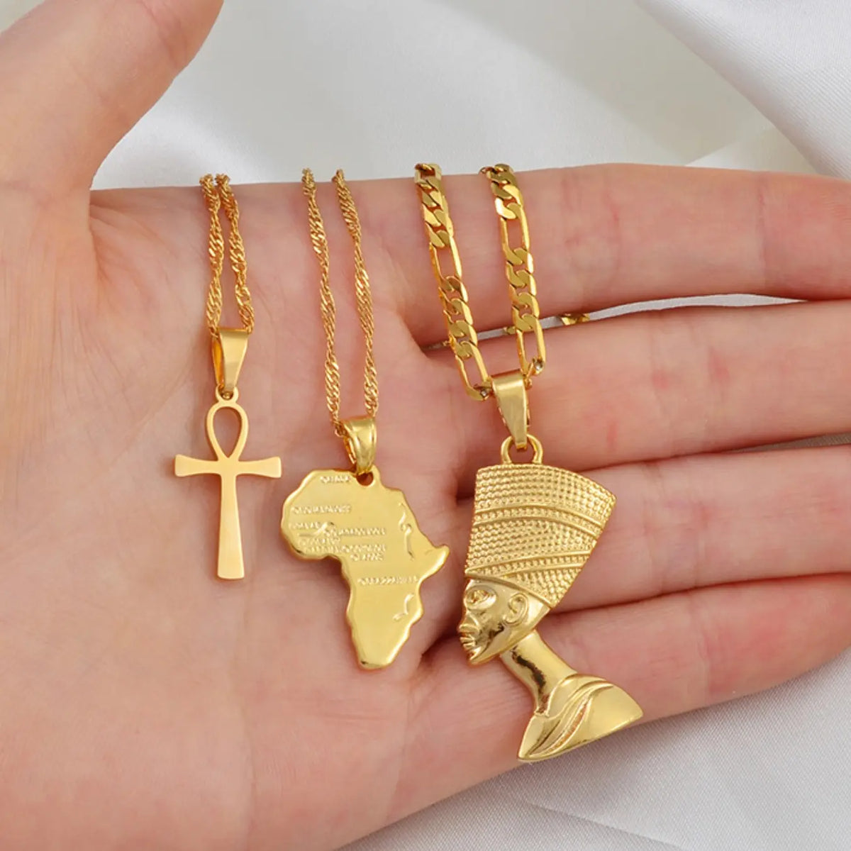 3pcs Necklaces Together Ankh Nefertiti Africa Map Pendant Gold/Silver Color Birthday Party Ethnic Jewelry Women Stacking Necklace