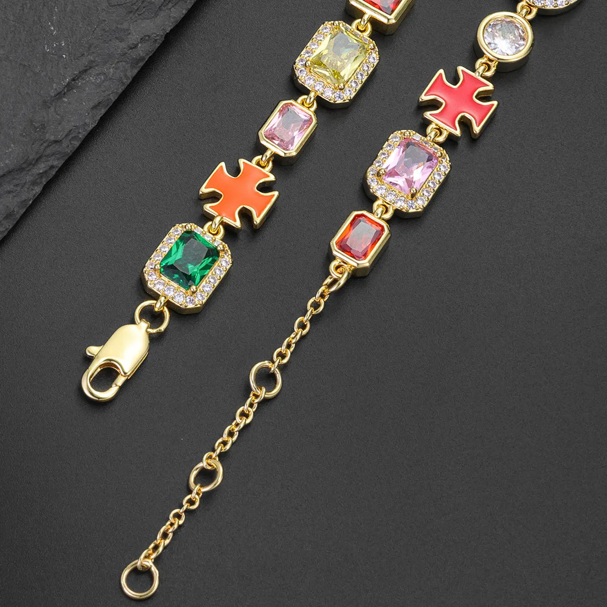 ICED CHICS Cross-Drip Oil Colored Cubic Zirconia Copper Chain Bracelet, Geometric Cube Design Hip-hop Style Bracelet, Birthday Gift for Party and Special Occasions, Adds Elegance and Sophistication, Unisex Design, Bracelet Jewelry, Fashion Bracelet