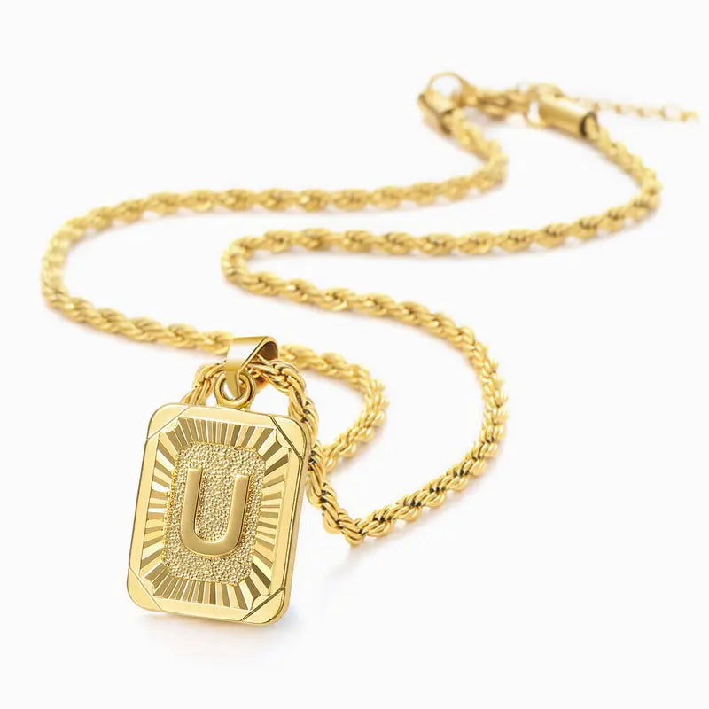Initial Necklaces for Men & Women, 22in 2mm Rope Chain, Yellow Gold Metal Coating Stainless Steel, Customizable Personalized Charm, Long Casual Fashion Costume Jewelry, Ideal Gift
