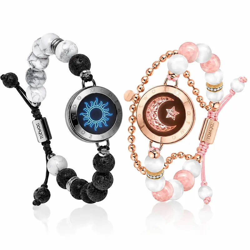 TOTWOO Sun and Moon Long Distance Touch Bracelets for Couples, Vibration & Light Up Bracelet, Women's Fashion Smart Jewelry, Gifts for Girlfriend, One-to-One Bluetooth Pairing via App