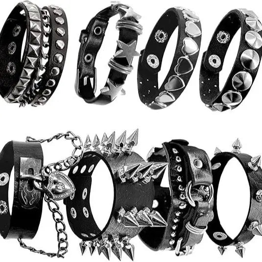 Women's 9-Pack Emo Studded Punk Cuff Bracelet Set, Black Faux-Leather Safety Bracelets Stack, Adjustable Fashionable Jewelry Accessories for Halloween Cosplay