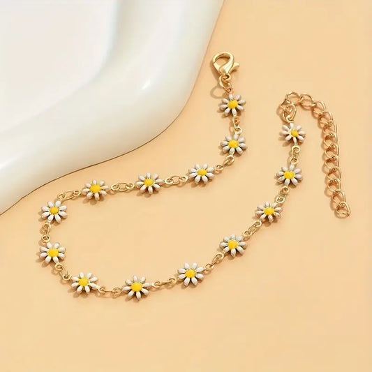 Teen Girls' 1-Piece Chrysanthemum Daisy Chain Gold Metal Coating Anklet - Fashion Chic Accessories for Girls, Flower Design, Polished Shine, Summer Daily Costume Jewelry Gift