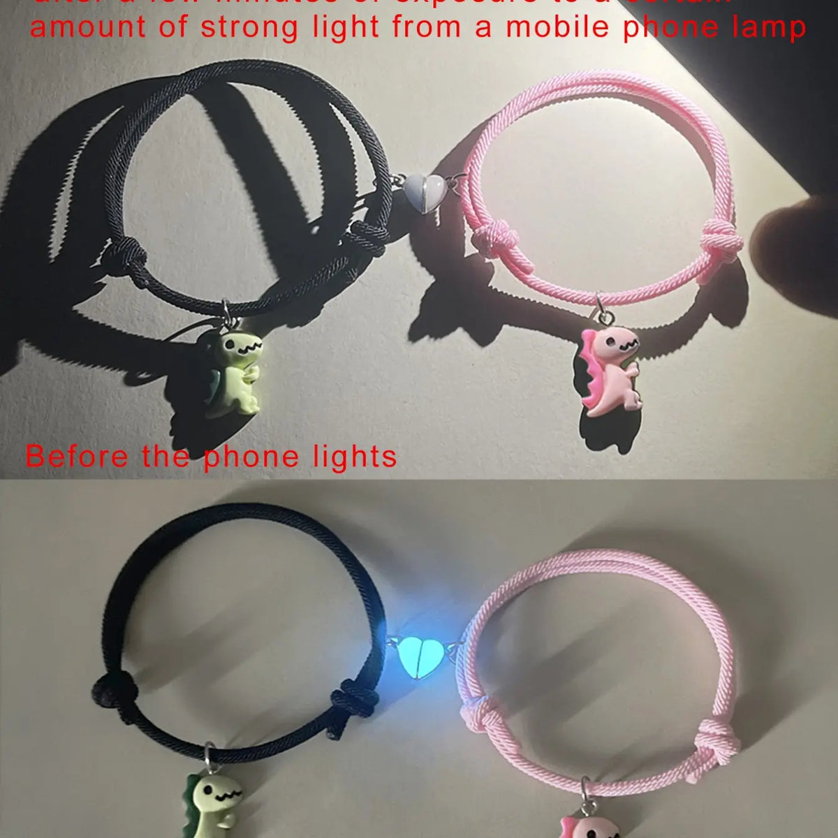 2 Pcs Glow-In-Dark Heart Dinosaur Pendant Couple Matching Bracelet, Cute Handmade Braided Wristband, Valentine's Day Gift, Anniversary Present, Jewelry, Bracelet for Couples