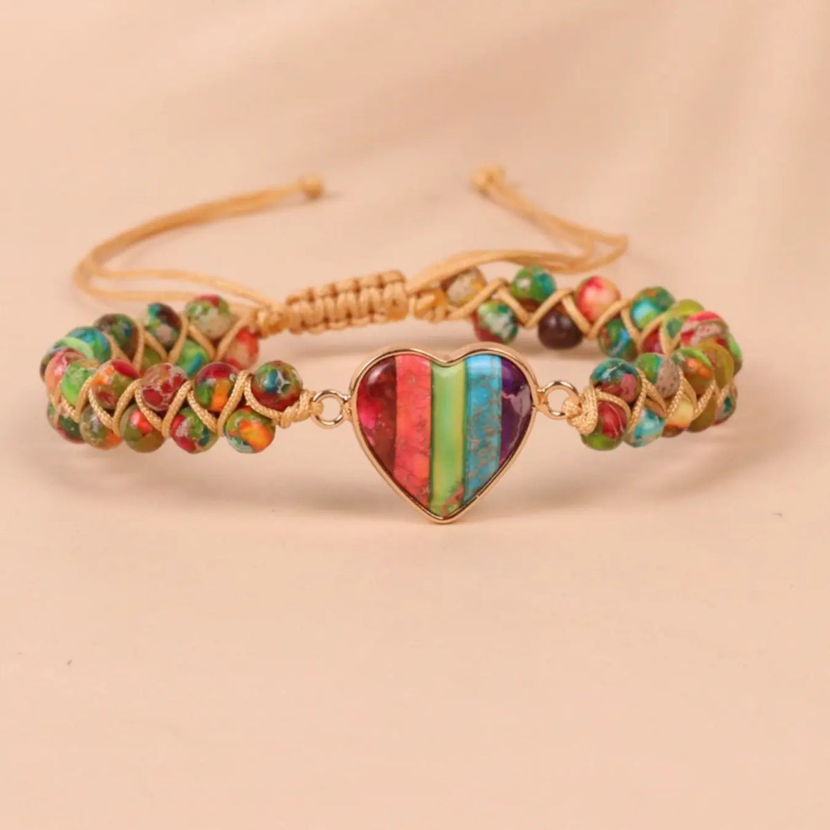 Boho Style Colorful Natural Stone Heart Beaded Bracelets Jewelry, Adjustable Unisex Jewelry, Casual Daily Wear, Couple Gift, Fashion Accessory