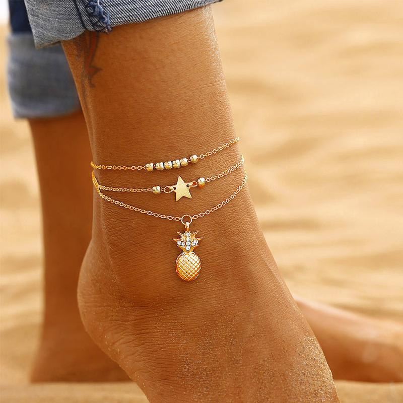 Female Gold-Layered Anklets - Boho Chevron Pattern, Hamsa Hand, Elephant Foot, Geometric, Love Letter Bead Animal Layering Foot Chains for Summer Gifting (Sports & Outdoor Camping & Hiking Hammocks Accessory)