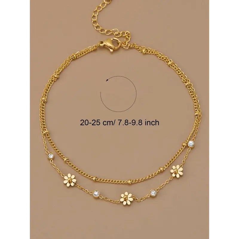 Gold Daisy Layered Design Anklet for Women, Stainless Steel Double Chain Ankle Bracelet with Cubic Zirconia, Adjustable Fit Flower Foot Jewelry for Summer Beach men cuban link tarnish proof Heart Rate Couples Set