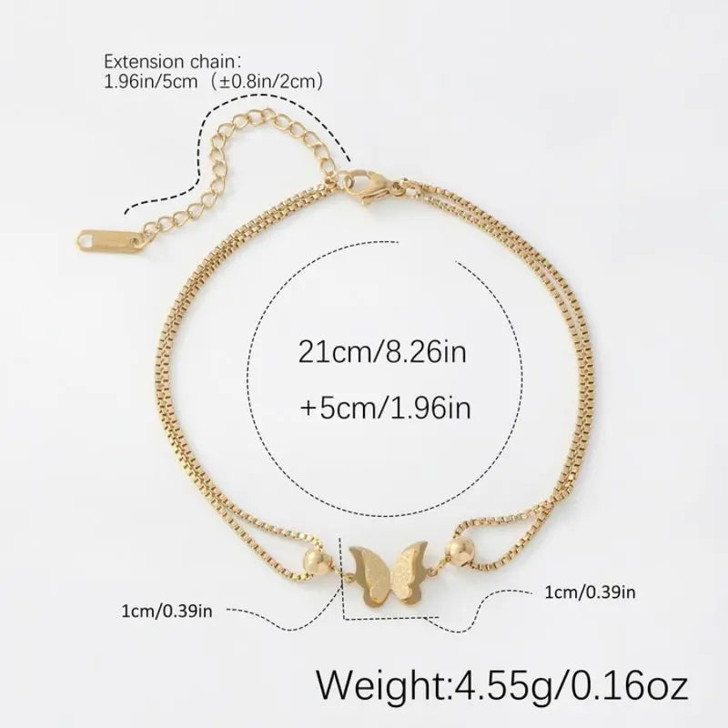 Hypoallergenic Stainless Steel - Women's Fashion Ankle Chain - Single Pack with Double Layer Butterfly Decoration - Classic Stylish Design in Golden and Silvery - Suitable for Daily Shopping or Parties