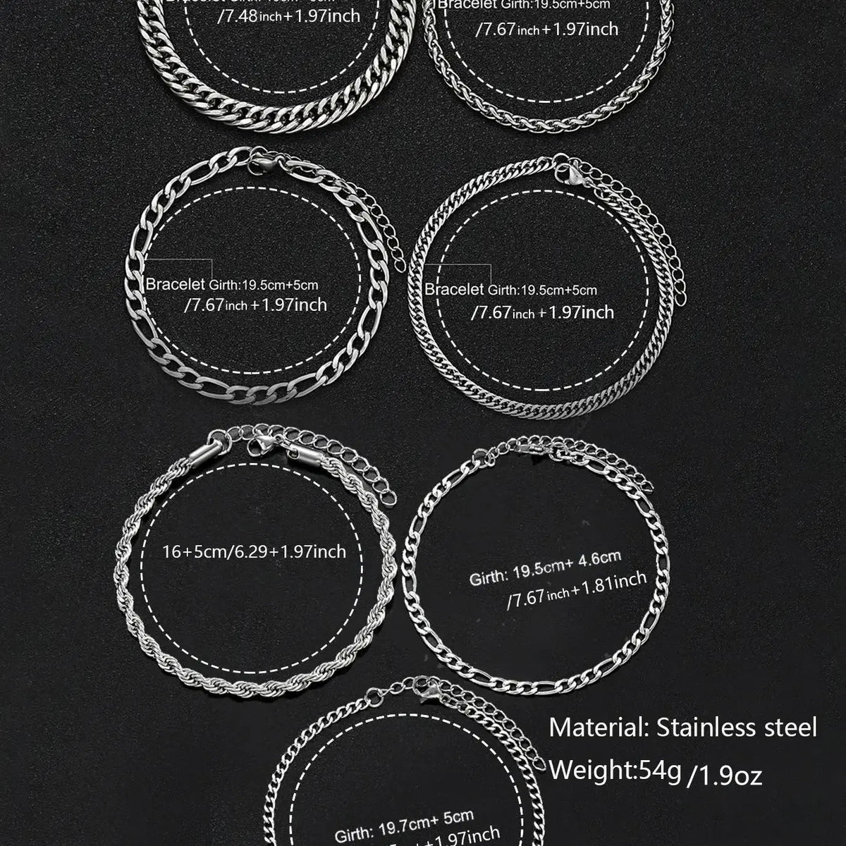 Men's 7-Piece Stainless Steel Link Bracelet Set, Bracelet Jewelry, Fashion Bracelet Bundle, Streetwear Hip-Hop Simple Cuban Chain, Ideal Gift for Boyfriend & Son, Perfect for Daily, Party, Birthday and Father's Day
