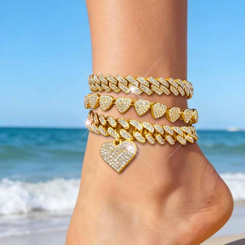 Rhinestone Decorated Heart Charms Design Dainty Layered Anklet, Fashionable Anklet for Women, Elegant Accessory, Trendy Versatile & Exquisite Jewelry, Foot Jewelry, Ideal Gift for Birthdays