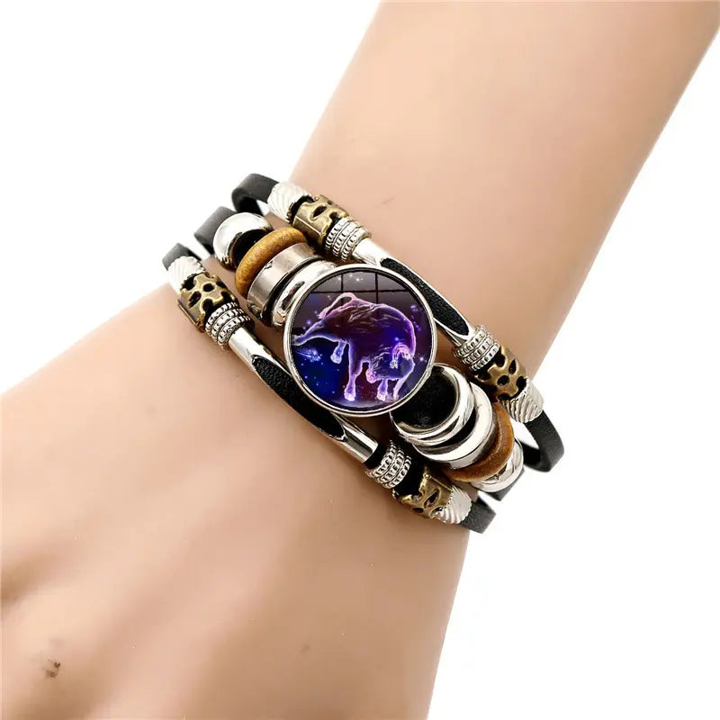 Glow-in-the-Dark 12 Zodiac Signs Leather Bracelet for Women Men 6.9in/8.1in, Glowing Effect Jewelry for Astrology Lovers, Fashion Accessory Jewelry Gift