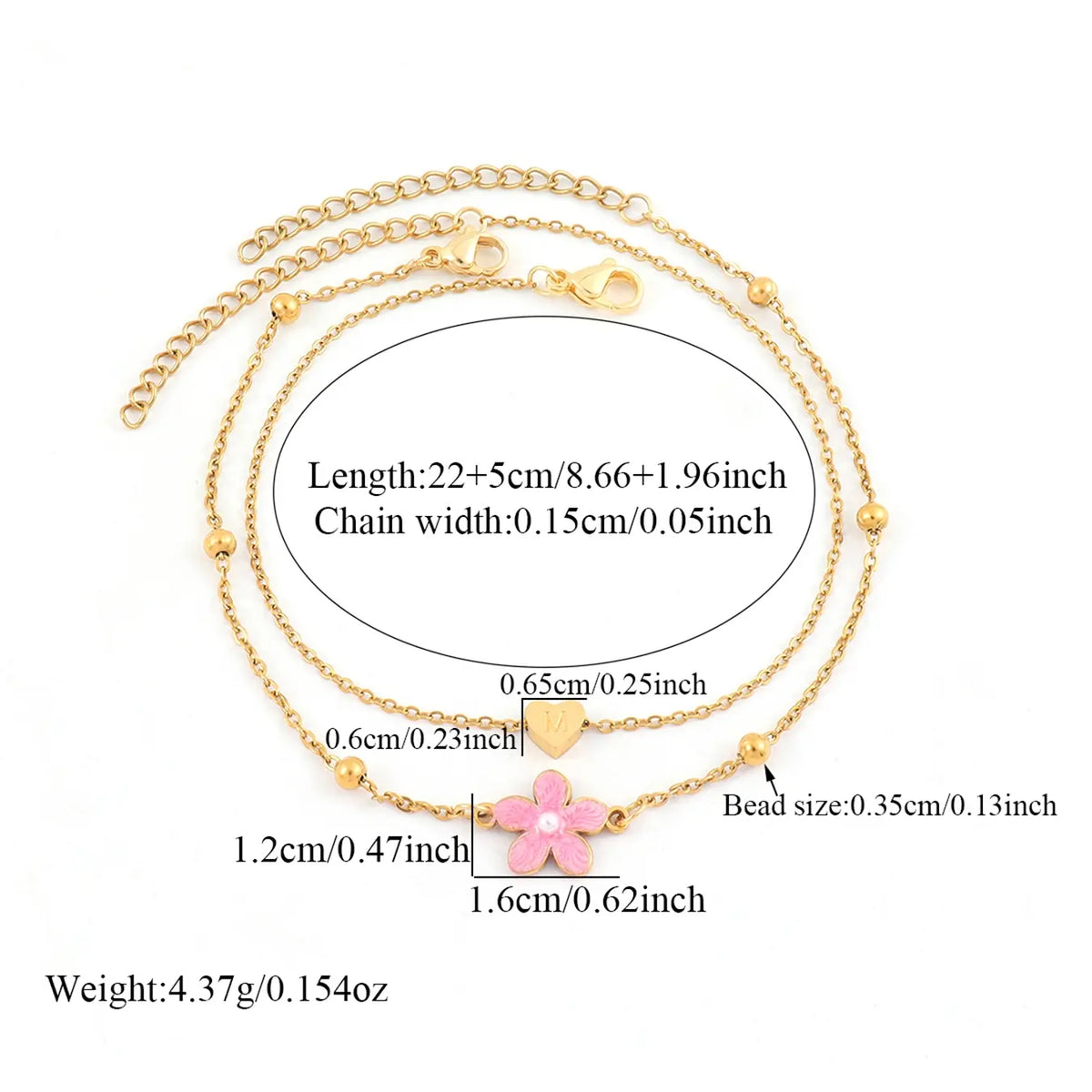 Mother's Day Gift Women's Stainless Steel Chain Dainty Layered Anklet, Fashionable Accessory , Heart Initial Pink Color Flower Design for All Seasons, Summer Jewelry