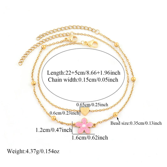 Mother's Day Gift Women's Stainless Steel Chain Dainty Layered Anklet, Fashionable Accessory , Heart Initial Pink Color Flower Design for All Seasons, Summer Jewelry
