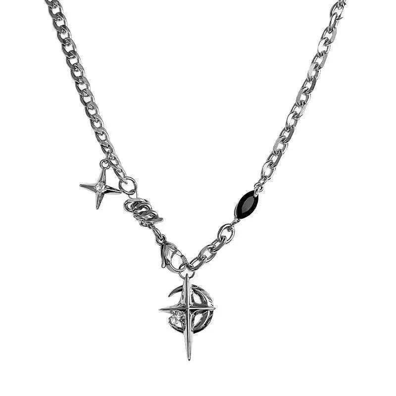 Men's Non-Tarnish Stainless Steel Mid-Chest Black Star Pendant Clavicle Chain - Costume Jewelry Necklace, Daily Versatile Chain, Alternative Style Necklaces, Casual Accessory, Gift Box Included, Unique Cool Mens Gifts