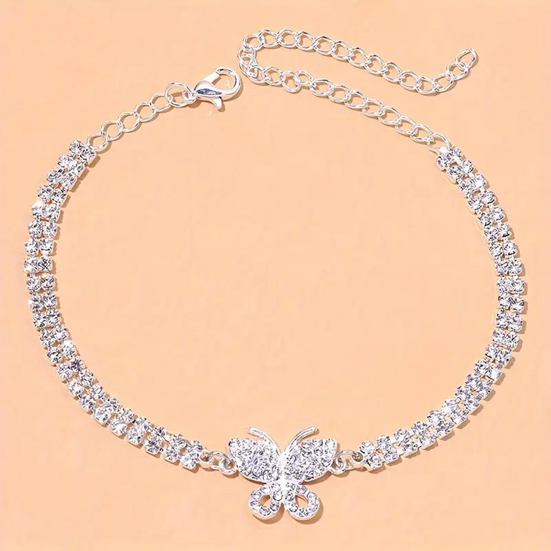 Fashionable Luxury Rhinestone Jewelry, Full-Drill Butterfly Anklet with Claw Chain and Soldered Setting, Women's Accessory Gift