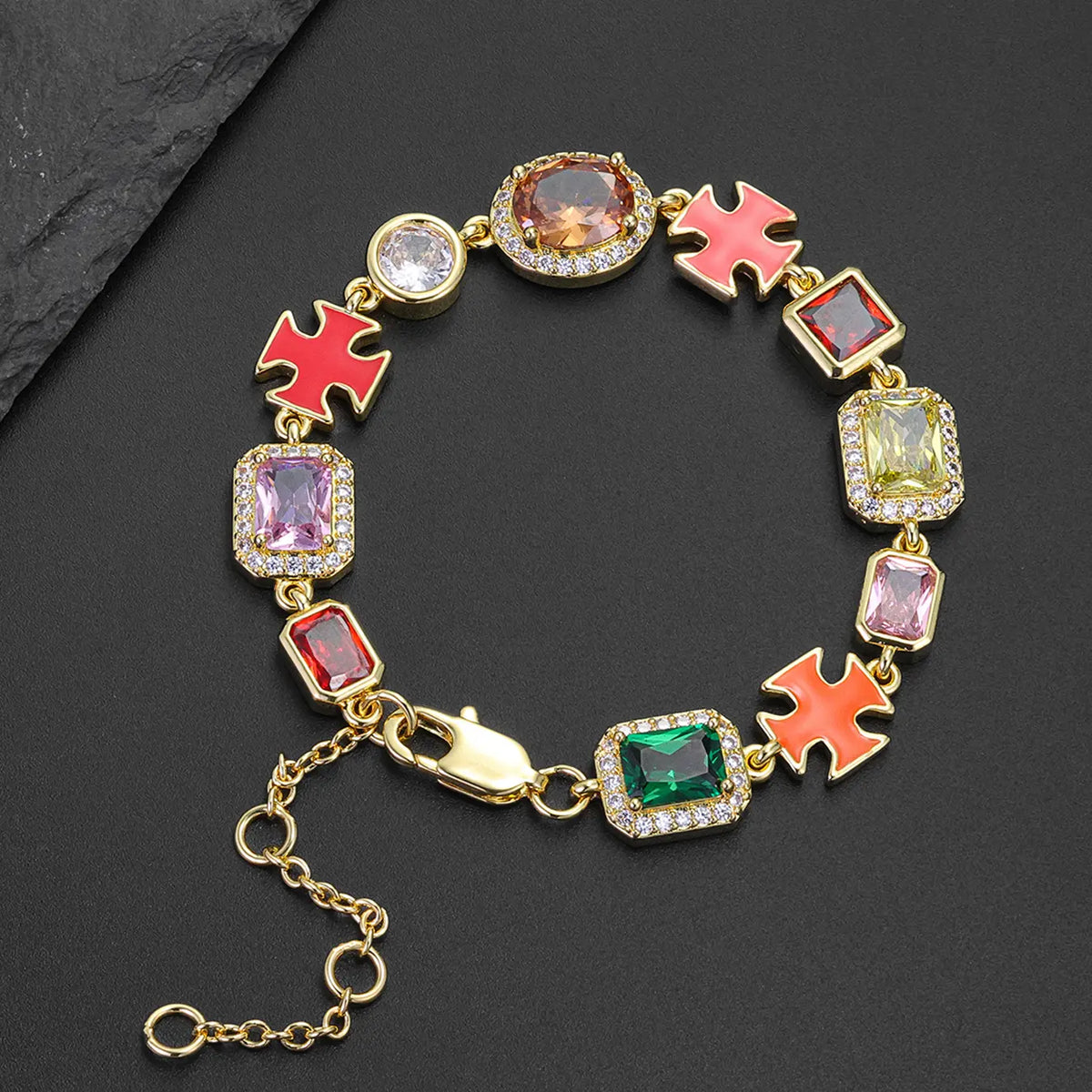 ICED CHICS Cross-Drip Oil Colored Cubic Zirconia Copper Chain Bracelet, Geometric Cube Design Hip-hop Style Bracelet, Birthday Gift for Party and Special Occasions, Adds Elegance and Sophistication, Unisex Design, Bracelet Jewelry, Fashion Bracelet