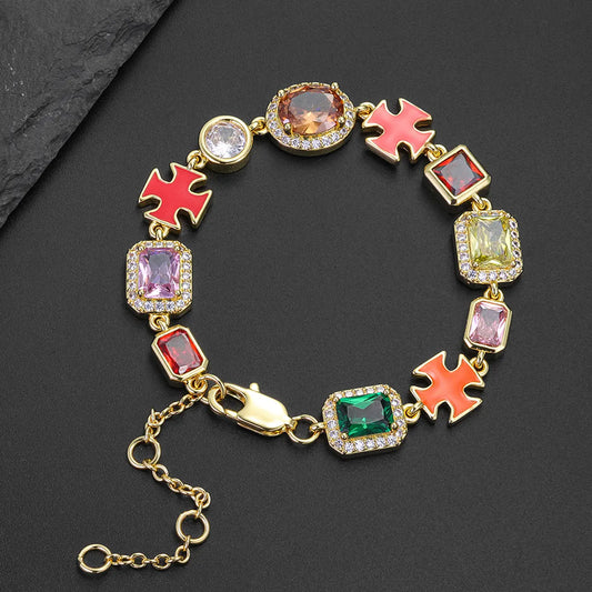 ICED CHICS Cross-Drip Oil Colored Cubic Zirconia Copper Chain Bracelet, Geometric Cube Design Hip-hop Style Bracelet, Birthday Gift for Party and Special Occasions, Adds Elegance and Sophistication, Unisex Design, Bracelet Jewelry, Fashion Bracelet
