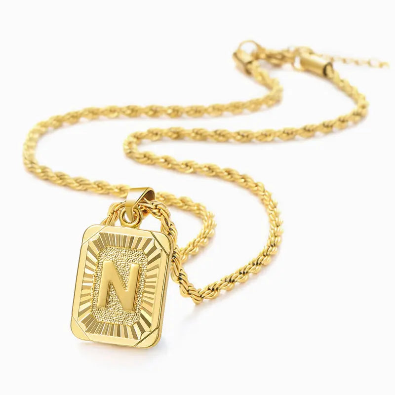 Initial Necklaces for Men & Women, 22in 2mm Rope Chain, Yellow Gold Metal Coating Stainless Steel, Customizable Personalized Charm, Long Casual Fashion Costume Jewelry, Ideal Gift