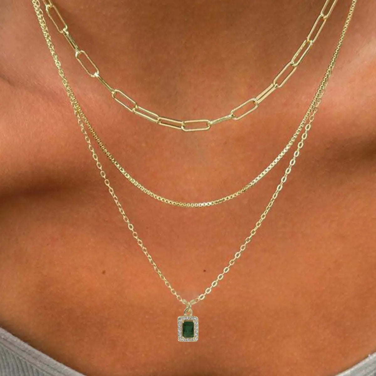 3 Piece Trendy Grid Paperclip Box Chain Necklace Set, Trendy Jewelry, Minimalist Rectangle Pendant with Sparkling Star Artificial Zircon