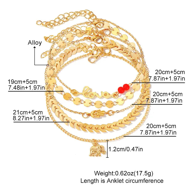 Female Gold-Layered Anklets - Boho Chevron Pattern, Hamsa Hand, Elephant Foot, Geometric, Love Letter Bead Animal Layering Foot Chains for Summer Gifting (Sports & Outdoor Camping & Hiking Hammocks Accessory)