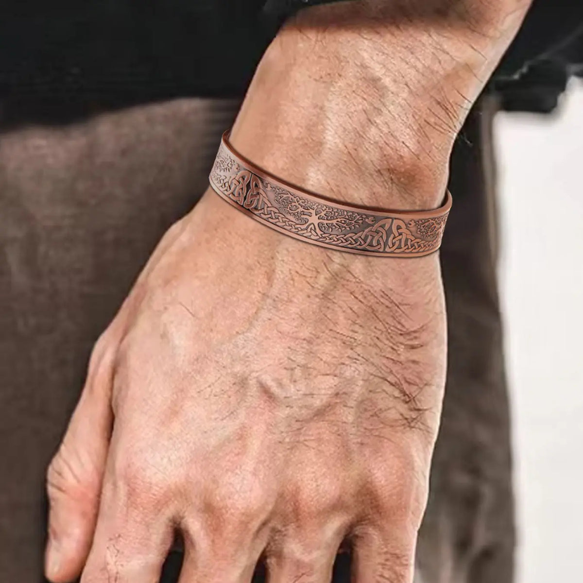 Men's Vintage Tree of Life Copper Cuff Bracelet, Adjustable Magnetic Bangle Jewelry for Everyday and Party Wear, Trendy Bangles