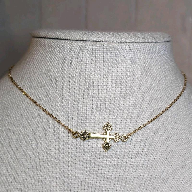 Small Sideways Cross Choker Necklace Silver And Gold