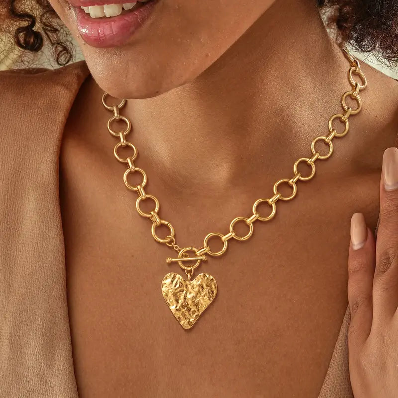Tewiky Gold Paperclip O-Link Chain Hammered Heart Pendant OT Clasp Necklace for Women For Valentine's Day Gift Chic Gorgeous Jewelry Back To School